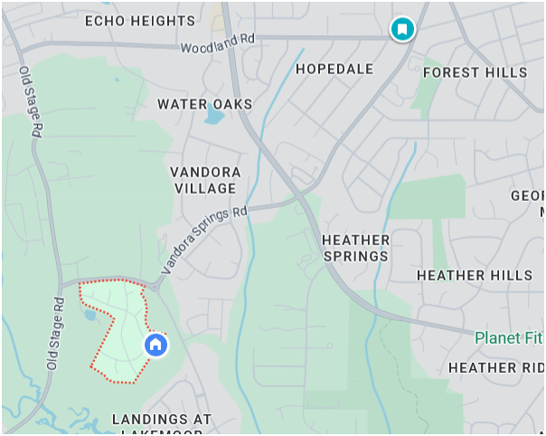 A map of Vandora Pines neighborhood, east of Old Stage Road and south of Vandora Springs Road.